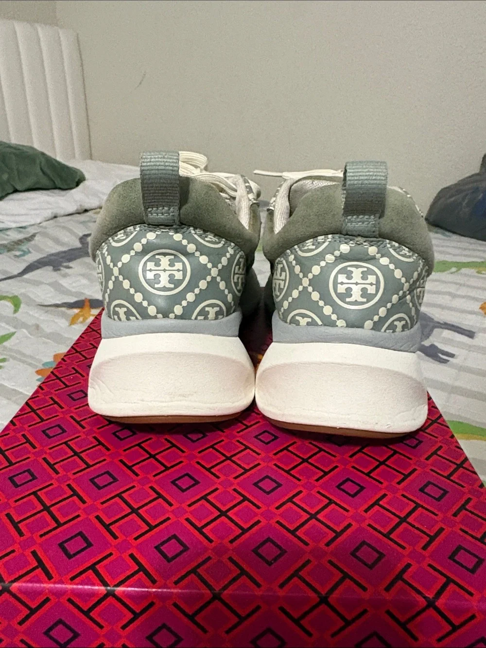 Tory Burch Olive Green and Cream Suede Logo Runner Sneakers